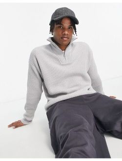 fisherman ribbed funnel neck sweater in light gray