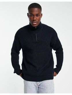 fisherman ribbed 1/4 zip funnel neck sweater in navy