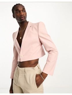 cropped linen mix blazer with square shoulder in pink