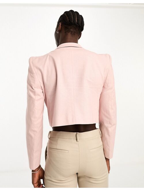 ASOS DESIGN cropped linen mix blazer with square shoulder in pink