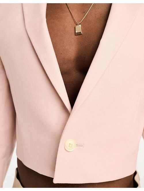 ASOS DESIGN cropped linen mix blazer with square shoulder in pink