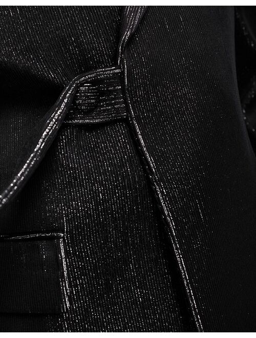 ASOS DESIGN slim belted blazer in black and silver plisse