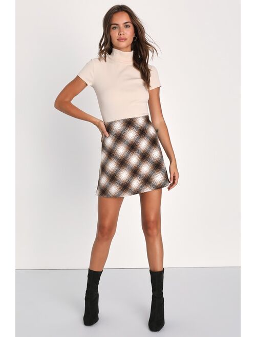 Lulus Perfect Personality Ivory and Brown Plaid Skater Mini Skirt