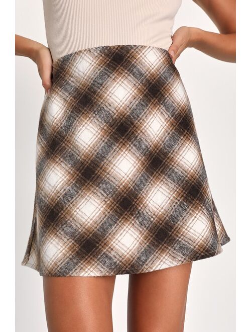 Lulus Perfect Personality Ivory and Brown Plaid Skater Mini Skirt