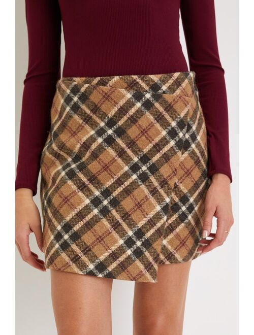 Lulus Academic Aspirations Tan Plaid Faux Wrap Mini Skirt