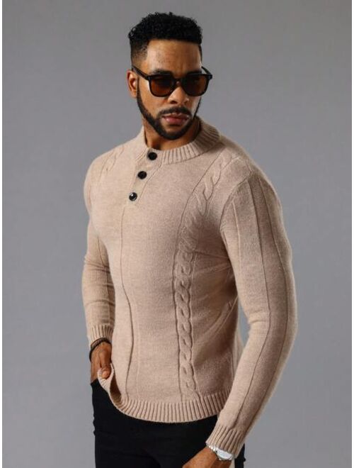 Shein Manfinity Homme Men Cable Knit Quarter Button Sweater