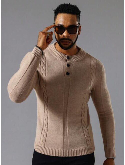 Shein Manfinity Homme Men Cable Knit Quarter Button Sweater