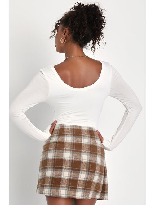Lulus Mad for Plaid Brown and Blue Plaid Faux Wrap Mini Skirt