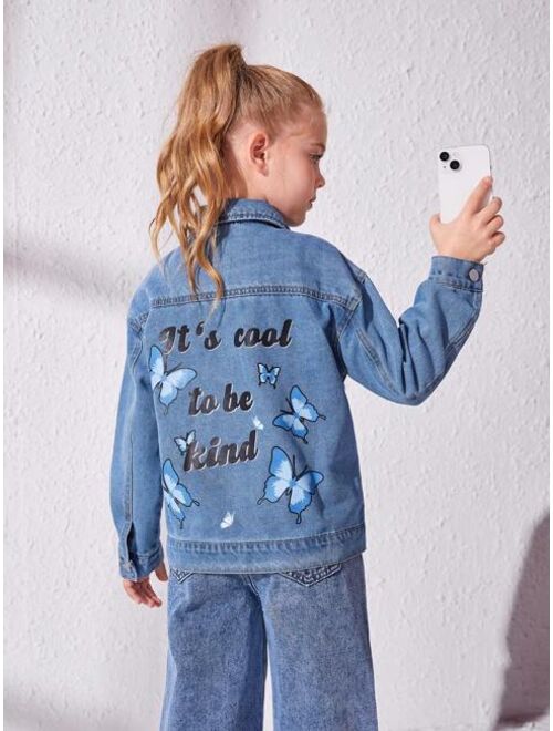 Shein Tween Girl Butterfly & Slogan Graphic Denim Jacket