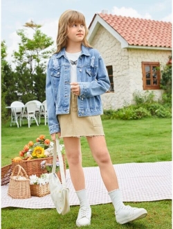 Kids EVRYDAY Tween Girl Ripped Frayed Drop Shoulder Denim Jacket