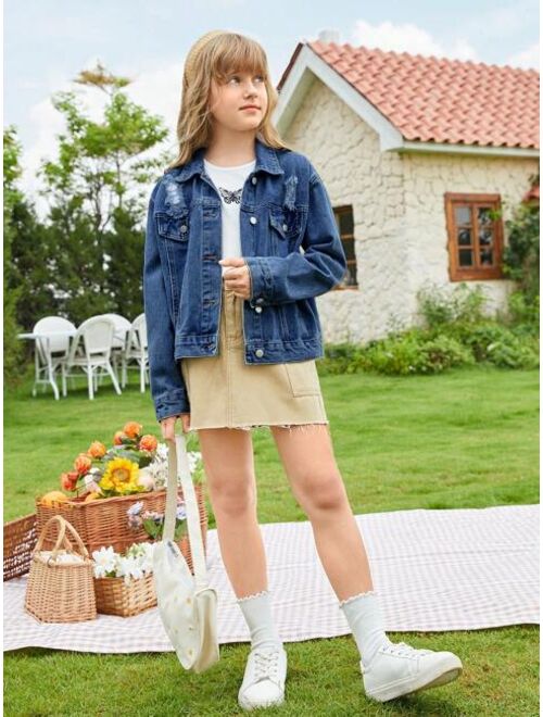 SHEIN Kids EVRYDAY Tween Girl Ripped Frayed Drop Shoulder Denim Jacket