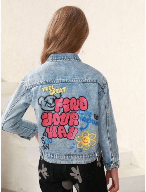 Shein Tween Girl Slogan & Cartoon Graphic Denim Jacket