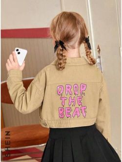 Tween Girl Letter Graphic Drop Shoulder Denim Jacket