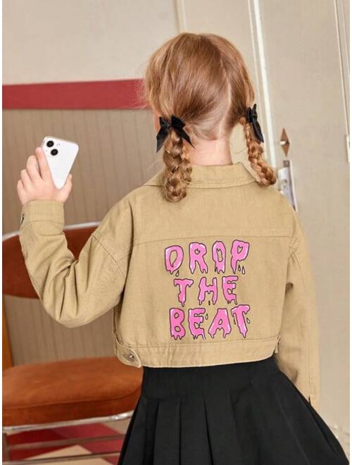 Shein Tween Girl Letter Graphic Drop Shoulder Denim Jacket