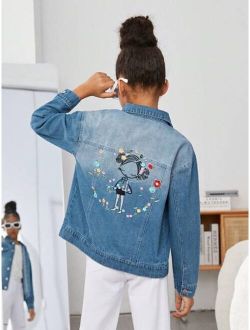 Tween Girl Embroidery Cartoon Figure Pattern Flap Detail Denim Jacket