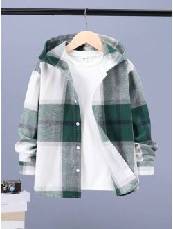 SHEIN Kids EVRYDAY Tween Boy Plaid Print Hooded Shirt Without Tee