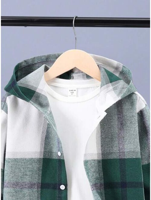 SHEIN Kids EVRYDAY Tween Boy Plaid Print Hooded Shirt Without Tee