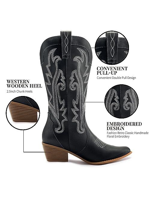 Athlefit Women's Embroidered Western Cowboy Boots Fashion Pointed Toe Chunky Heel Mid Calf Cowgirl Boots