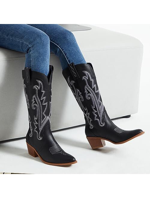 Athlefit Women's Embroidered Western Cowboy Boots Fashion Pointed Toe Chunky Heel Mid Calf Cowgirl Boots