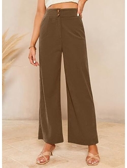 Sidefeel Corduroy Pants for Women 2023 Casual High Waisted Double Buttoned Stretchy Loose Fit Wide Leg Pants with Pockets