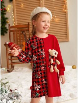SHEIN Toddler Girls 1 PC Christmas Tree & Plaid Print 3D Bear Detail Dress