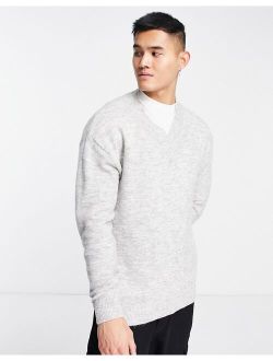 Selected Homme oversized V-neck wool mix sweater in gray