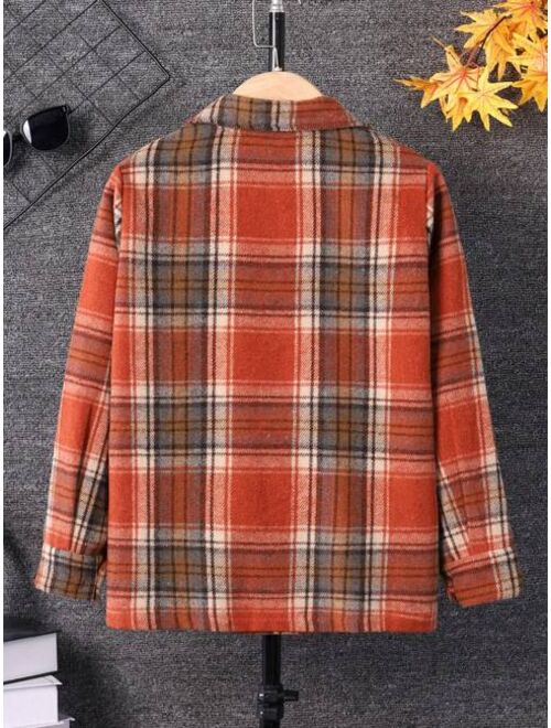 SHEIN Kids EVRYDAY Tween Boy Plaid Print Pocket Patched Shirt Without Sweater