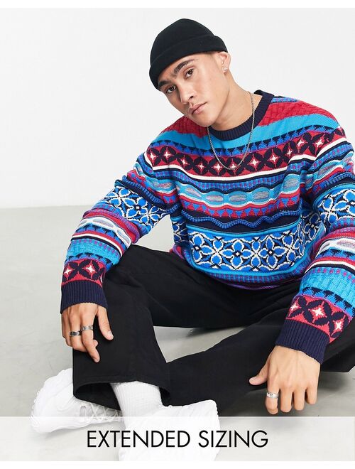 ASOS DESIGN oversized knitted sweater with pattern in blue