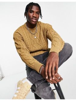 relaxed fit cable crew neck sweater in camel