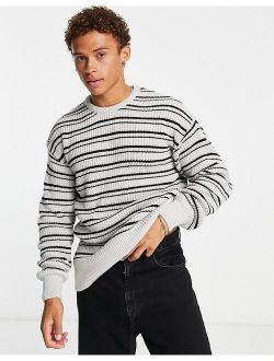 relaxed fit fisherman stripe sweater in light gray