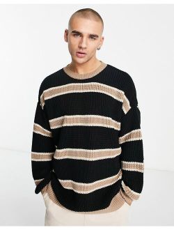 super oversized knit sweater in beige and black stripe