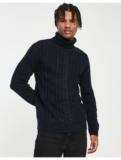Originals chunky cable knit turtle neck sweater in navy