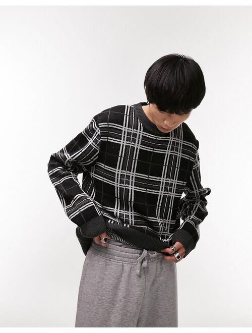 Topman regular knitted crew neck with mono check in gray