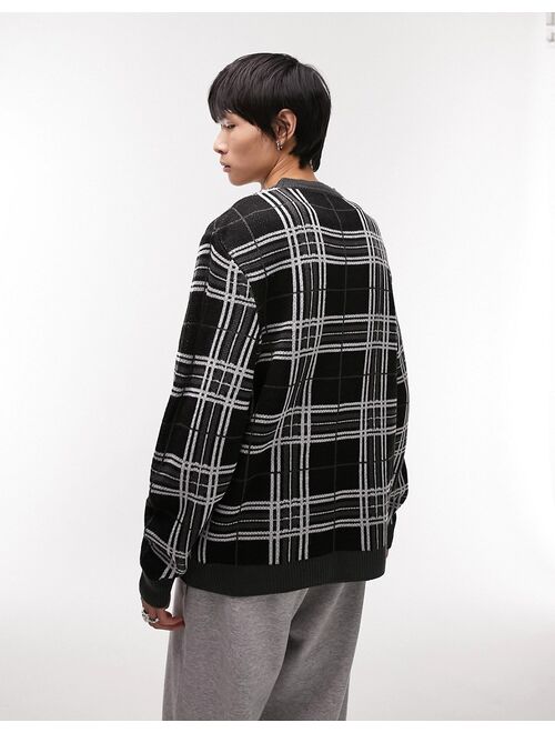 Topman regular knitted crew neck with mono check in gray