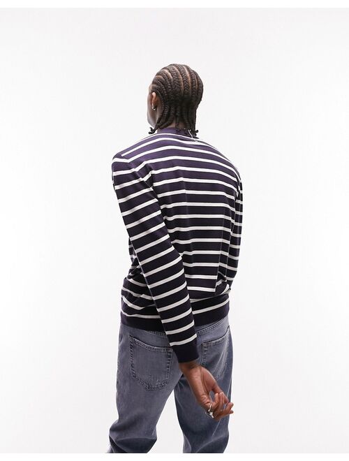 Topman knitted crew neck sweater with stripe in navy
