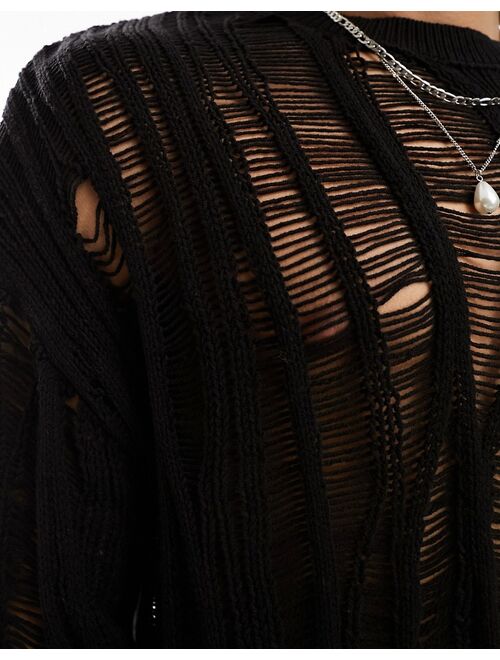 ASOS DESIGN knit oversized sweater with distressed ladder detail in black