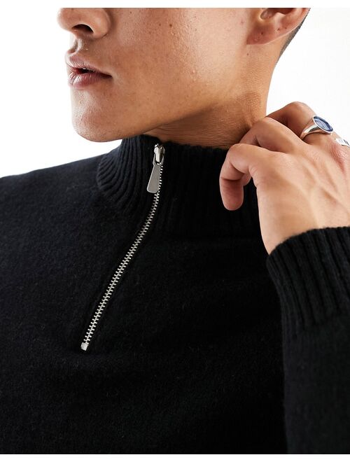 ASOS DESIGN knit lambswool 1/4 zip sweater in black