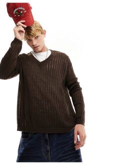 relaxed knit sweater with ladder detail in brown