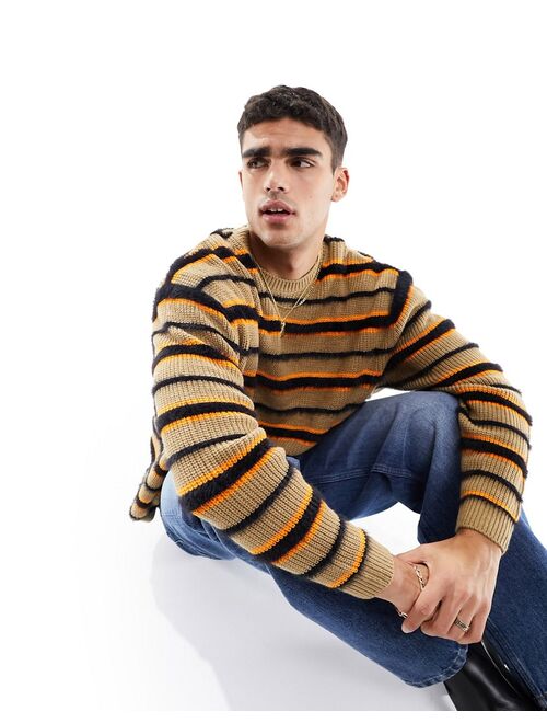 ASOS DESIGN fluffy oversized sweater in stone and black stripe