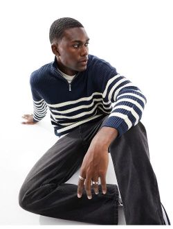 oversized knit fisherman ribbed half zip sweater in navy and white stripe