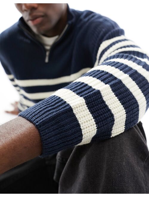 ASOS DESIGN oversized knit fisherman ribbed half zip sweater in navy and white stripe
