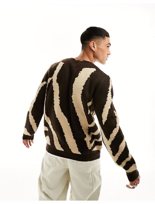 ASOS DESIGN oversized knitted sweater in brown animal pattern