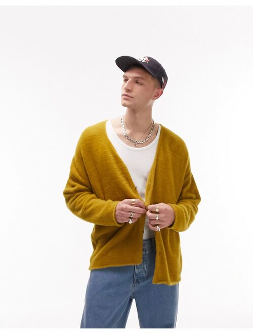 Topman fluffy knit cardigan in olive