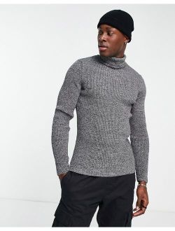 ribbed muscle fit roll neck sweater in dark gray