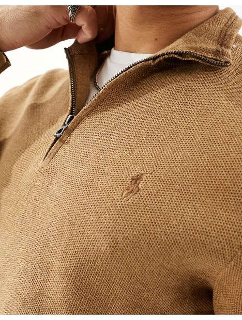 Polo Ralph Lauren icon logo half zip heavyweight cotton knit sweater in tan heather