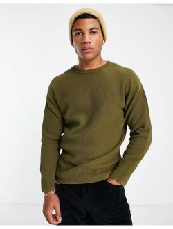 Selected Homme ribbed crew neck knitted sweater in khaki
