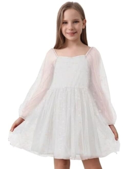 KIDS Girls Tulle Dress Sheer Mesh Puff Long Sleeve Star Overlay A Line Dress