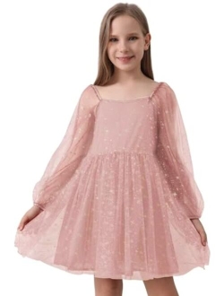 KIDS Girls Tulle Dress Sheer Mesh Puff Long Sleeve Star Overlay A Line Dress