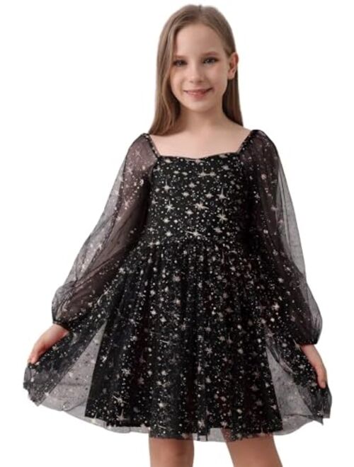 DOKOTOO KIDS Girls Tulle Dress Sheer Mesh Puff Long Sleeve Star Overlay A Line Dress