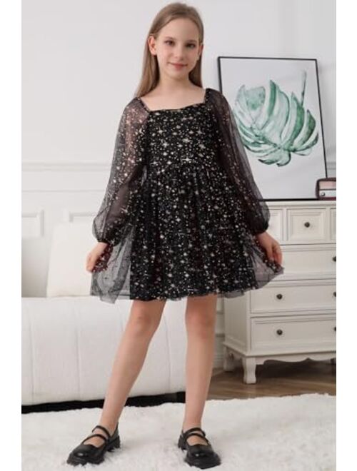 DOKOTOO KIDS Girls Tulle Dress Sheer Mesh Puff Long Sleeve Star Overlay A Line Dress
